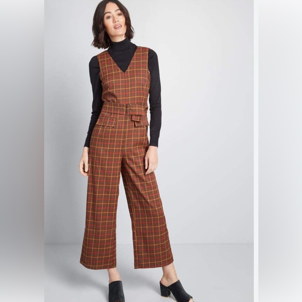Moon River Plaid Belted Wide Leg Cropped Jumpsuit Small NWT